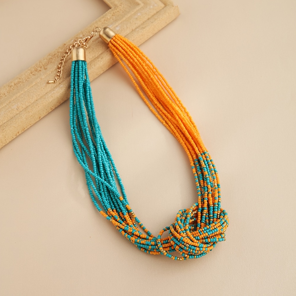 Collar bohemio de cuentas de arroz multicapa colorido para mujer, Color caramelo Vintage, vacaciones de verano, abalorio de playa, de joyería: Oro oscuro
