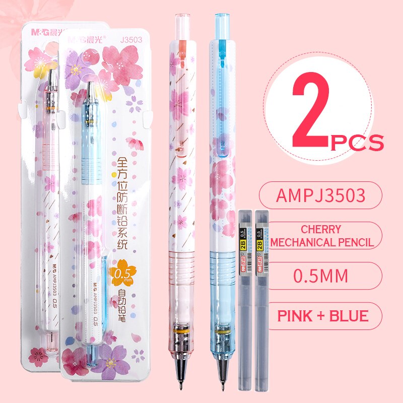M&amp;G Sakura Mechanical Pencil 0.5mm Lead Automatic Pencils Student Drawing for school office supplies: 3503 1blue 1 pink