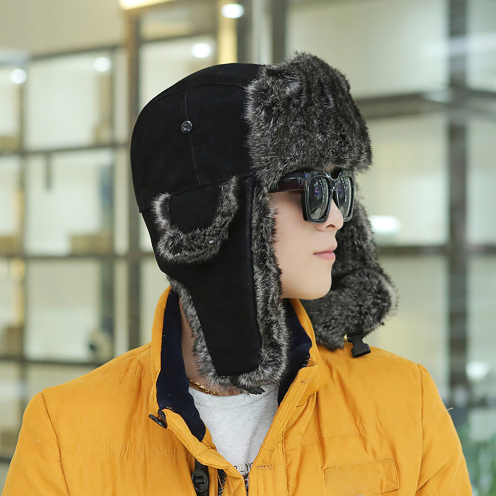 Russian Ushanka Cap Scarf with Earflap Winter Outdoor Trapper Cap for Men Winter Warm Bomber Hats Thicken Fur Neck Warmer Soft