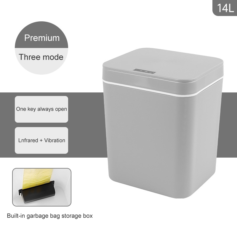 Smart Sensor Trash Can Automatic Touchless Kitchen Bathroom Garbage Bin Waterproof Wide Opening Waste Bucket Office Paper Basket: Gray 14L / battery version