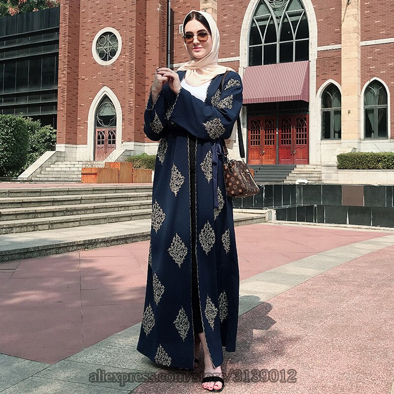 Dubaï ouvert Abaya Kimono Musulman Hijab Robe Caftan Abayas vêtements islamiques pour les femmes Caftan Marocain Qatar Kleding Robe Musulman: blue cardigan / XXL