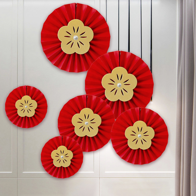 Decoración de boda china Fondo de matrimonio chino abanico de papel colgante adorno de pared abanico de papel rojo decoración de la habitación