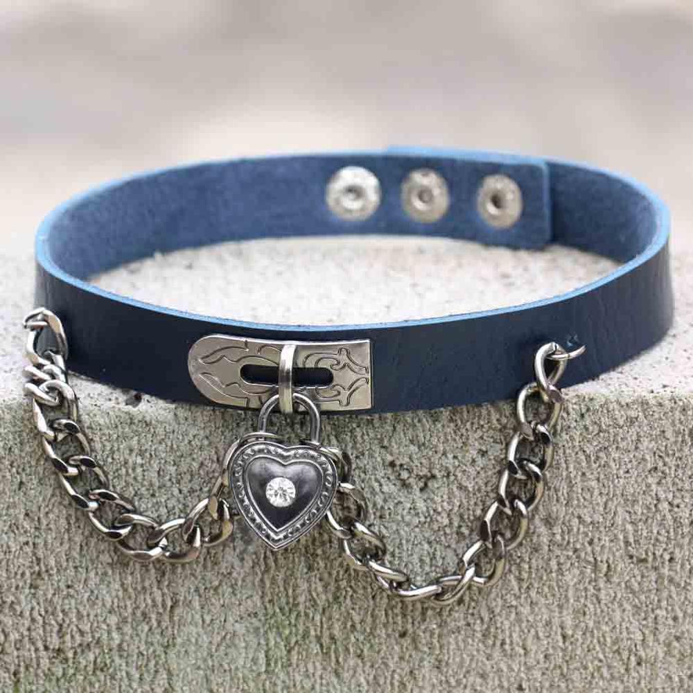 PU leather choker heart accessories Cool vintage necklace women Handmade Choker Necklace Goth Jewelry: dark blue