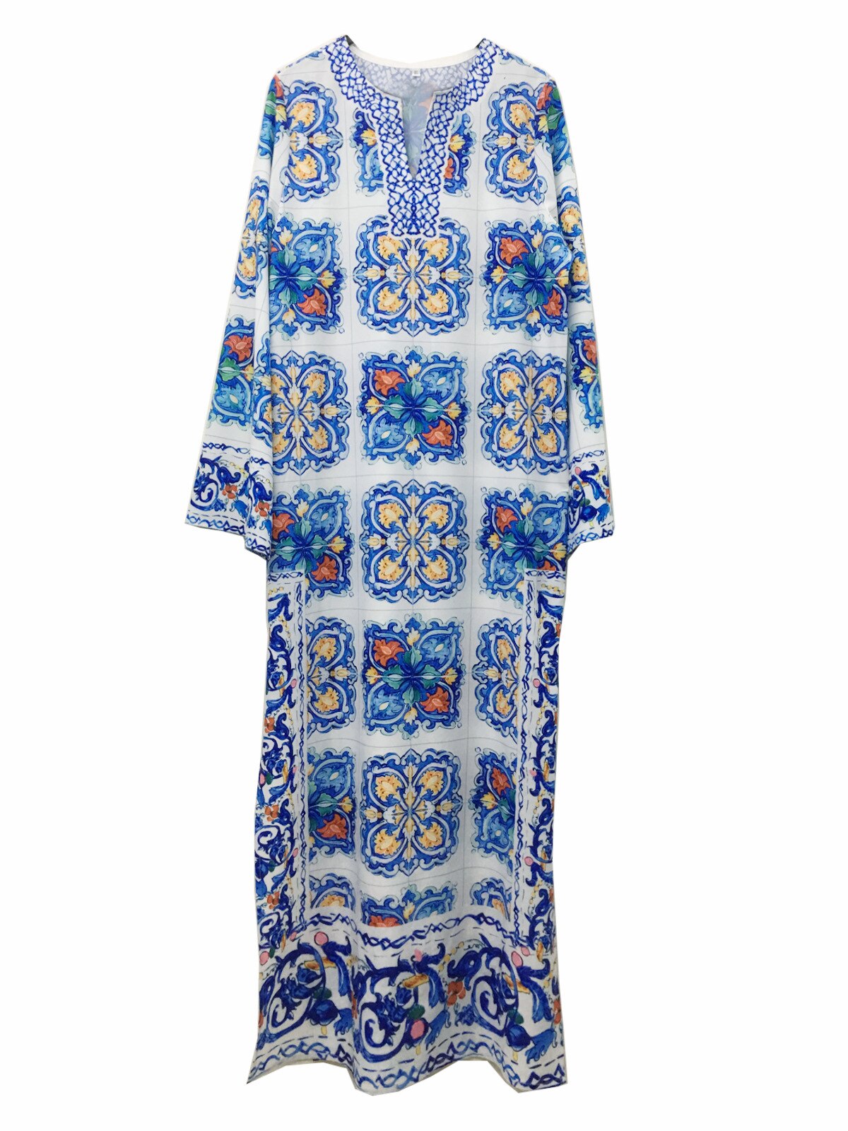 GETSPRING Vrouwen Jurk V-hals Print Lange Mouwen Maxi Jurken Losse Split Bohemen Jurken Sexy Lange Print Bloemen Maxi Jurk