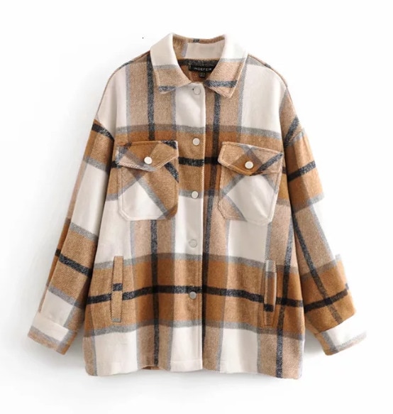 Toppies efterår vinter plaid oversize jakker løs kausal ternet streetwear frakke: Beige / S