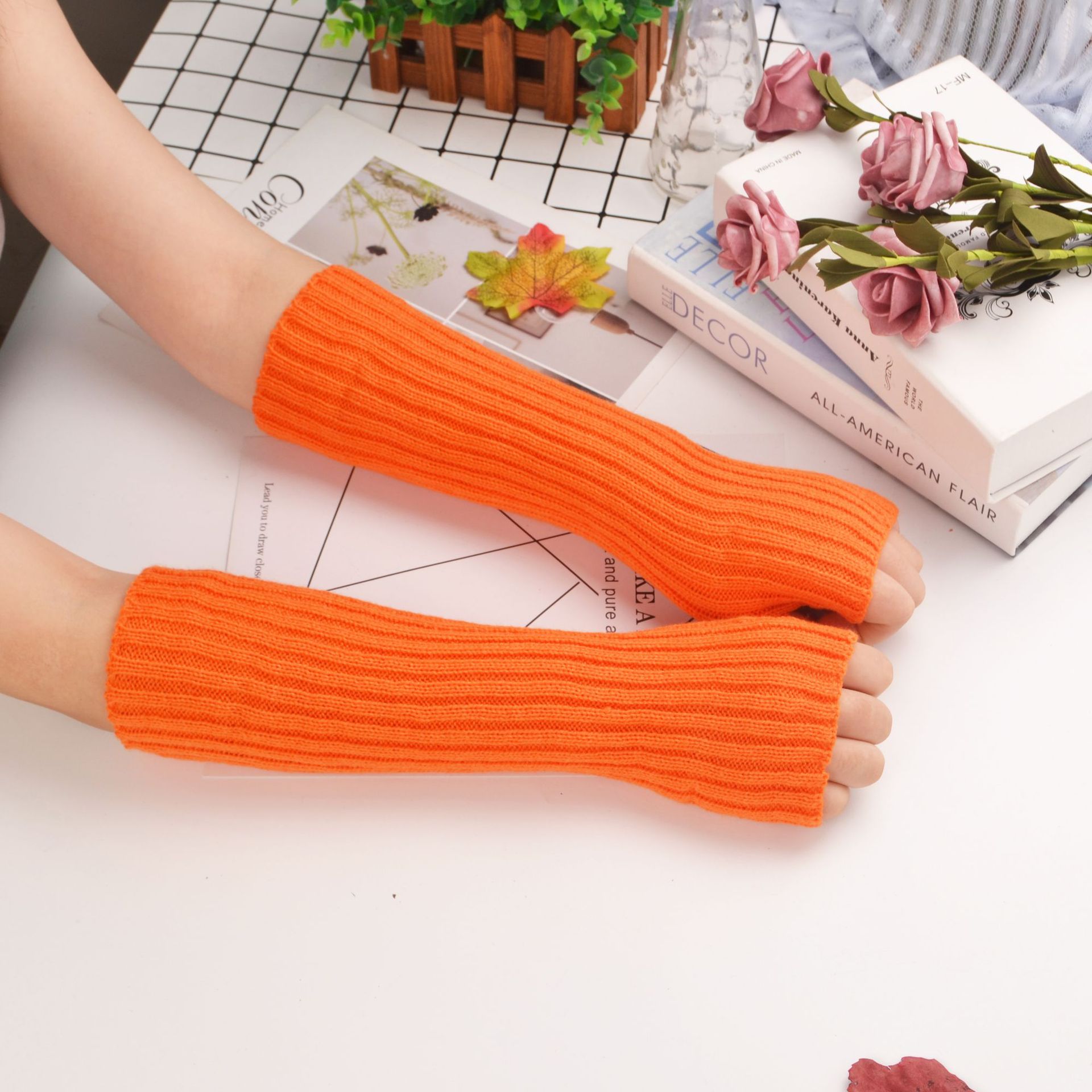 Guantes largos sin dedos para mujer, manopla de invierno, calentador de brazo tejido, manga fina, informal, suave, ropa gótica para niñas, guante gótico Punk: Naranja