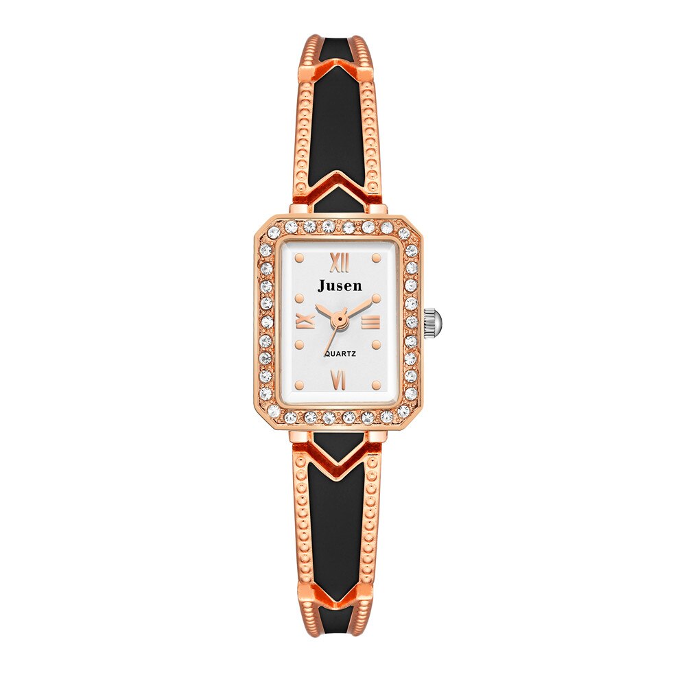 Rechthoekige dameshorloges met diamant, luxe roestvrijstalen dameshorloge met quartzhorloge, kwaliteiten, roma wijzerplaat, dameshorloge: Roségoud zwart