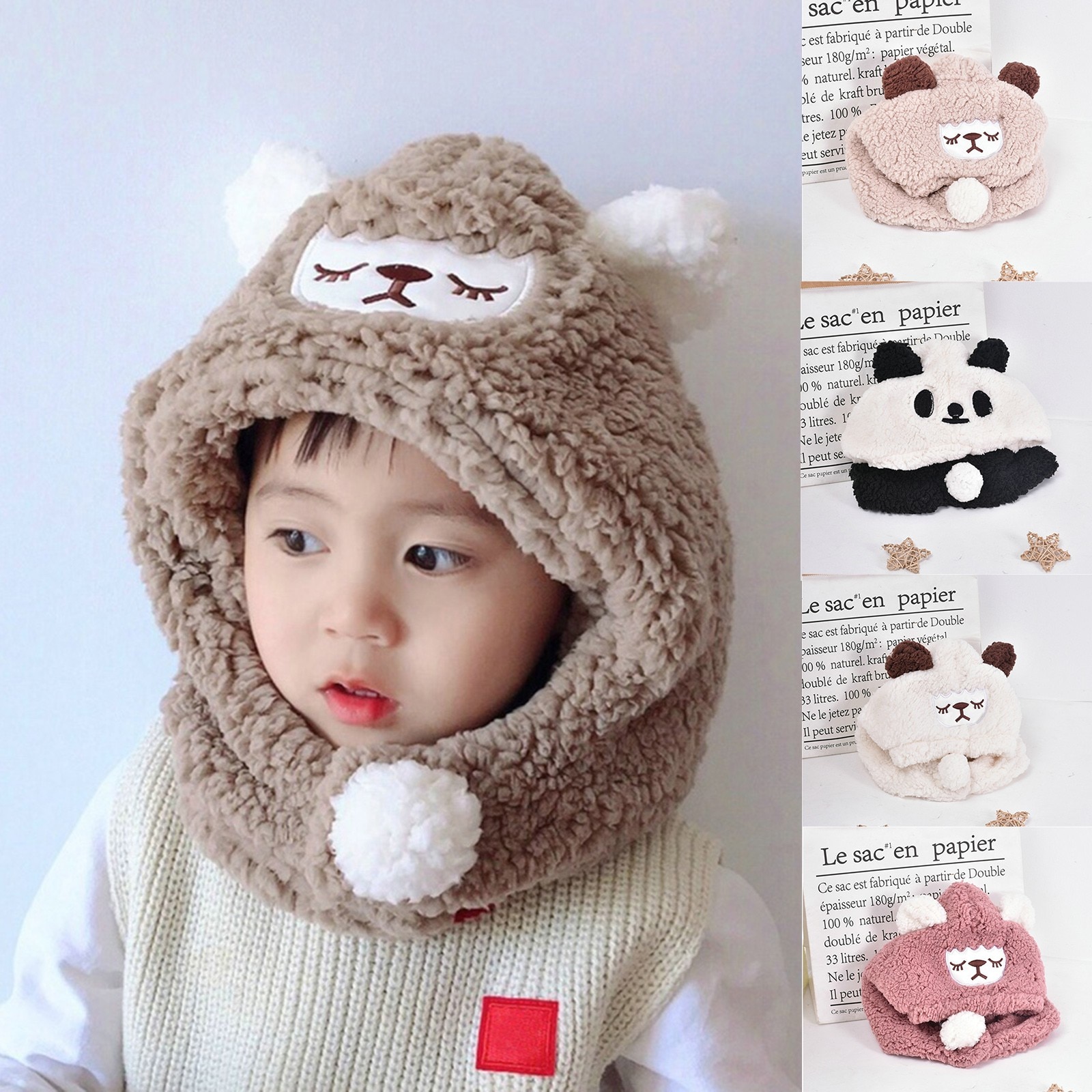 Peuter Meisje & Jongen Baby Beanie Haarbal Cap Verdikte Sjaal Warm Winddicht Oor Masker Gorro Cartoon Harige Beer Winter Haak hoed