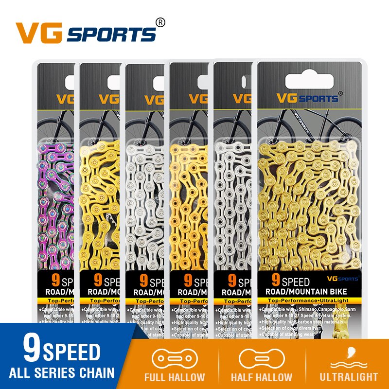 VG Sports 9 Speed Bicycle Chain Half/Full Hollow 116L Titanium Gold Silver Color with MissingLink MTB Mountain Road Bike Chains
