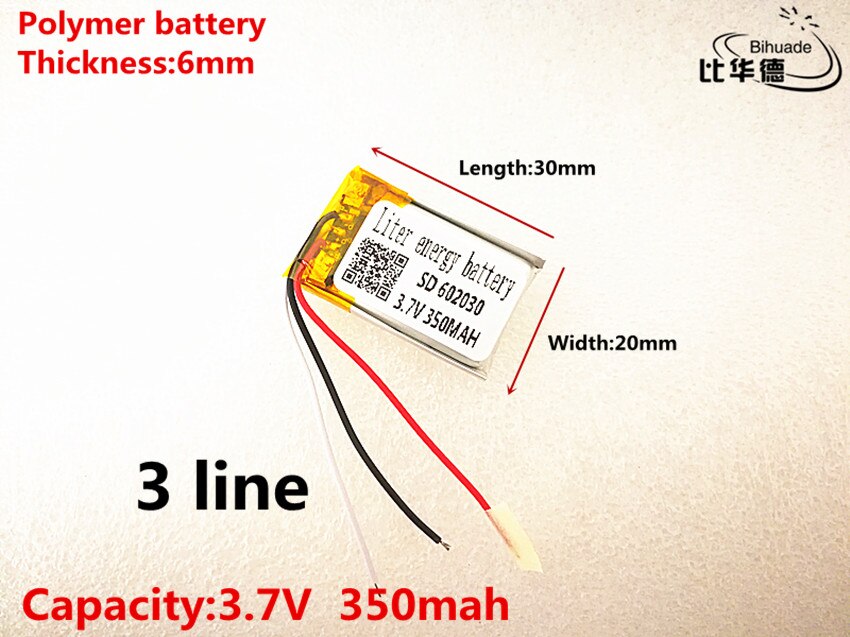 3 lijn Goede Qulity 3.7 V, 350 mAH, 602030 lithium Polymeer ion/Li-Ion batterij voor SPEELGOED, POWER BANK, GPS, mp3, mp4