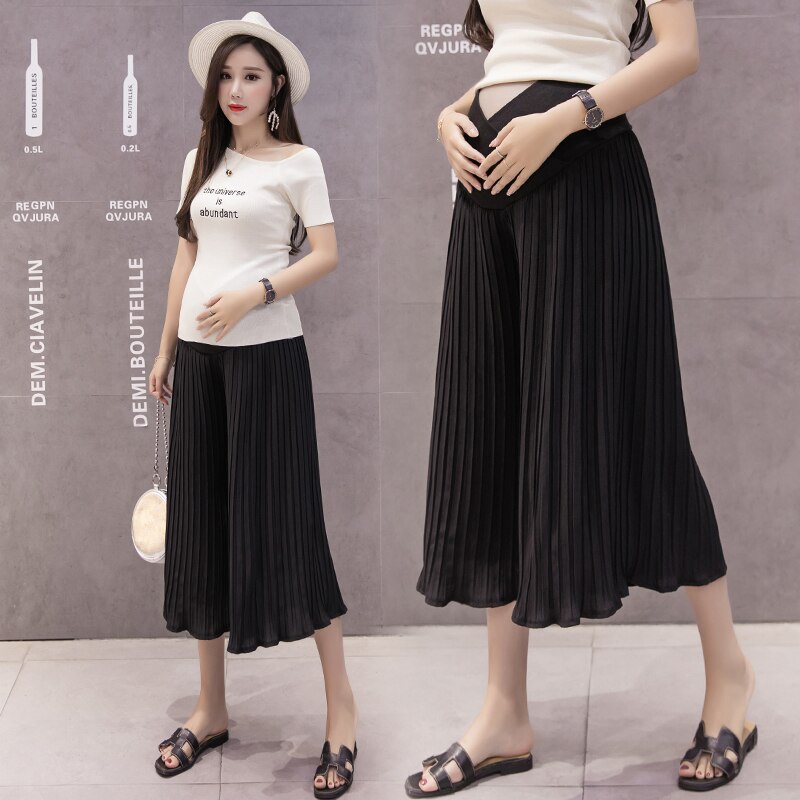 Sommer gravide kvinder bukser ensfarvet kryds lavtaljet patchwork chiffon plisserede bukser barsel brede ben capris: Sort / Xxl