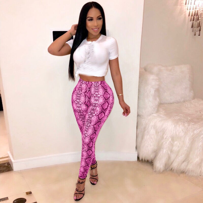 Womens Stretch Snakeskin Leggings Broek Grijs Geel Slangenprint Legging