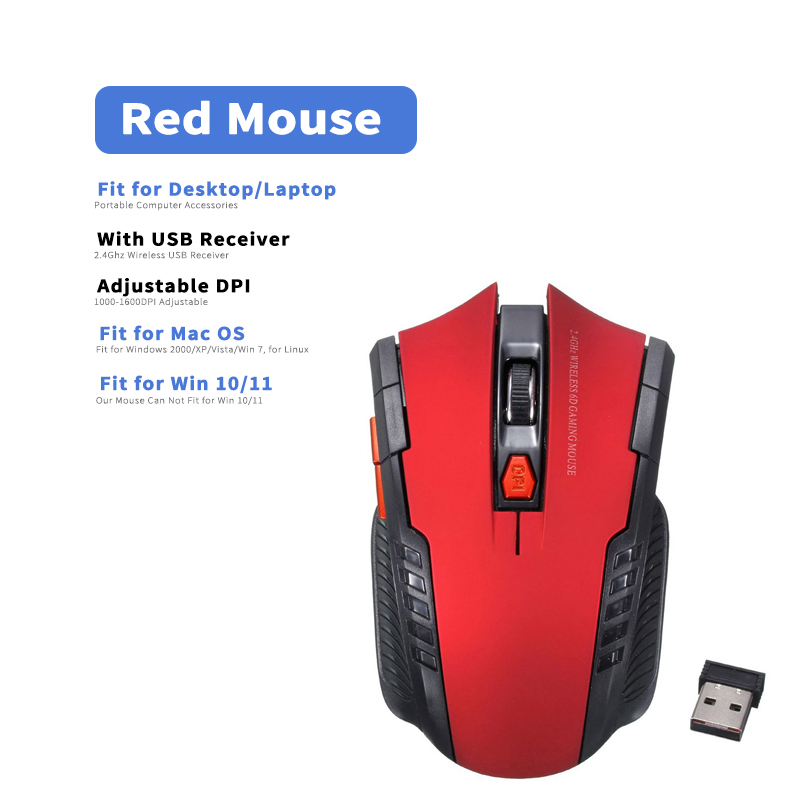 Bezprzewodowa mysz 2,4 GHz Myszy optyczne z odbiornikiem USB Gamer 1600 DPI 6 przycisków Mysz do komputera Akcesoria do laptopów Mysz dla graczy: Czerwony
