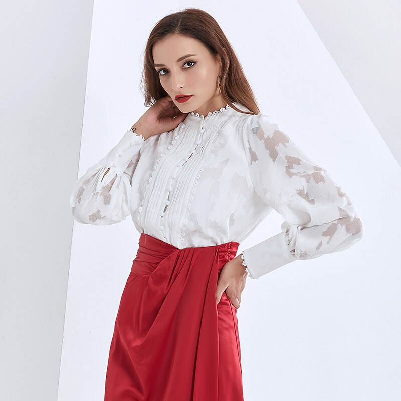Twotwinstyle Kant Borduurwerk Voor Vrouwelijke Blouse Shirts Stand Kraag Lantaarn Lange Mouw Woemn Vintgae Shirts