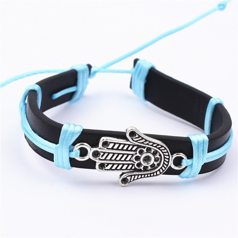 Tyrkisk hamsa symbol fatima hånd onde øje wrap armbånd kvinder mænd heldig amulet legering palm armring: Zps 050- søblå