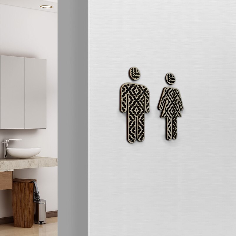 2PCS Wooden Toilet Signs Stickers Unisex Self Adhesive Warning Sign Men &amp; Women Logo Bathroom Toilet Door Decoration Stickers
