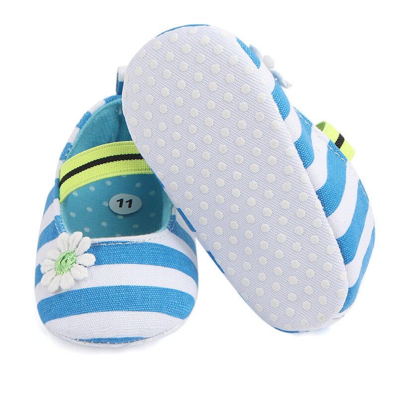 Pasgeboren tot 18 m Zuigelingen Baby Meisje Zachte Crib Schoenen Bloem Gestreepte Canvas Mocassin Prewalker Zool Schoenen Baby Meisje