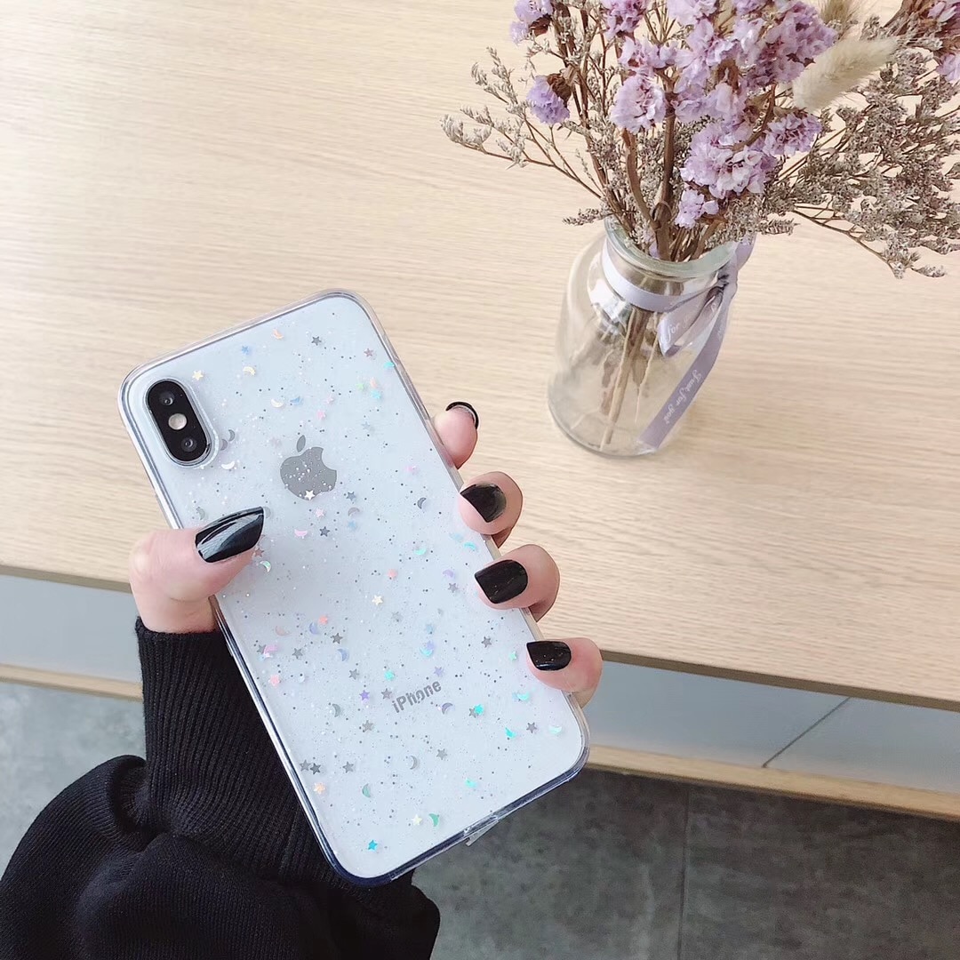 For Apple iPhone 11 Pro 6 6s 8 7 Plus XR 10 X XS Max 5S Cover Glitter Bling Star Moon Sequins Soft TPU Clear Silicone Phone Case: For iPhone X / Transparent