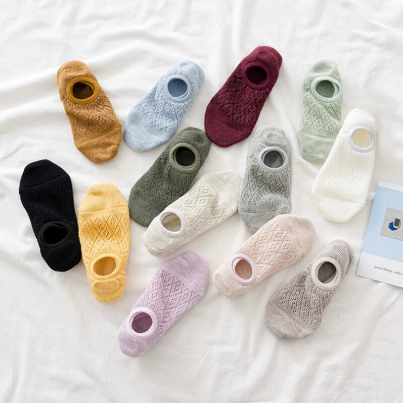5 Pairs Women Silicone Non-slip Invisible Socks Summer Solid Color Mesh Ankle Boat Socks Female Cotton Slipper No show Socks