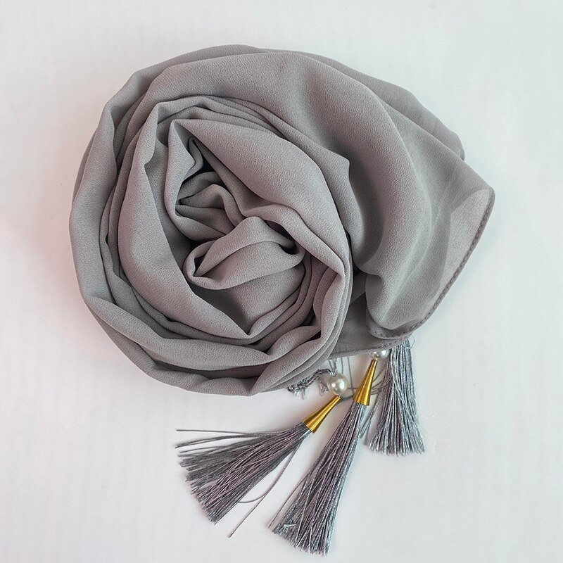 1 Pc Bubble Chiffon Solider Kleur Sjaal Lange Soft Wrap Sjaal Sjaals Femme Bufandas Kralen Parels Hijaabs Kwastje Sjaal: color 14
