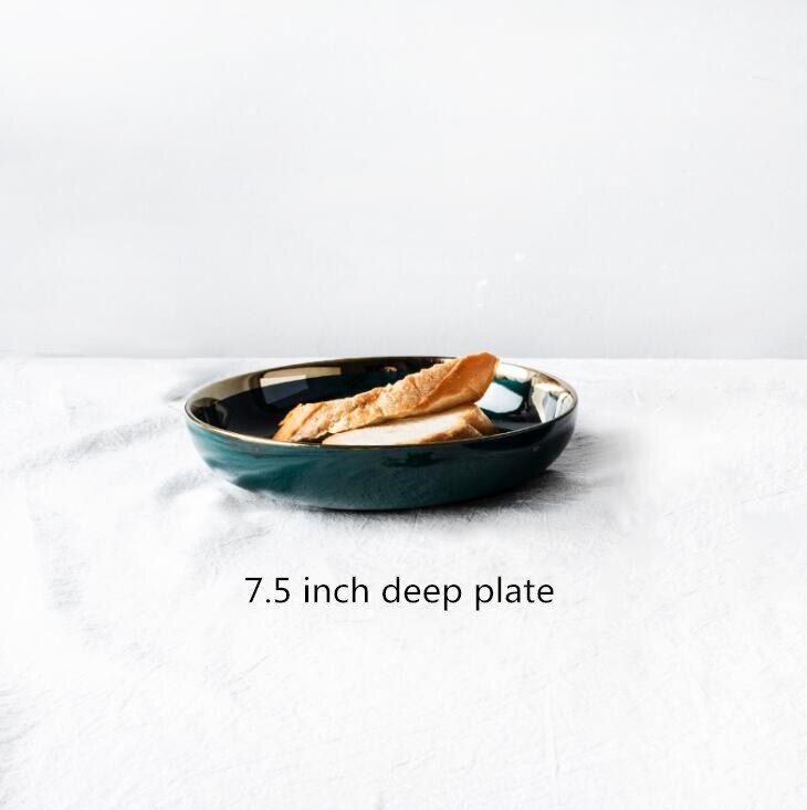 Grøn guld indlæg nordisk stil husholdning hotel keramisk bordservice high end porcelæn servise sæt skål fad plade: 7.5 tommer dyb plade