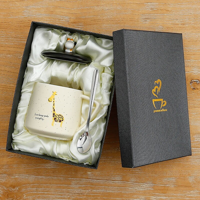 Giraffe Heat-resistant Mug Cartoon with Lid 400ml Cup Kitten Coffee Cup Travel Mug Ceramic Mugs Office Drinkware: H