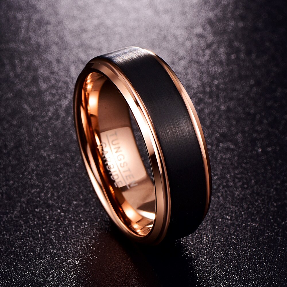 FDLK 8mm Rose Gold Stainless Steel Ring Surface Black Brushed Wedding Band Unisex Men and Women Promise Jewelry