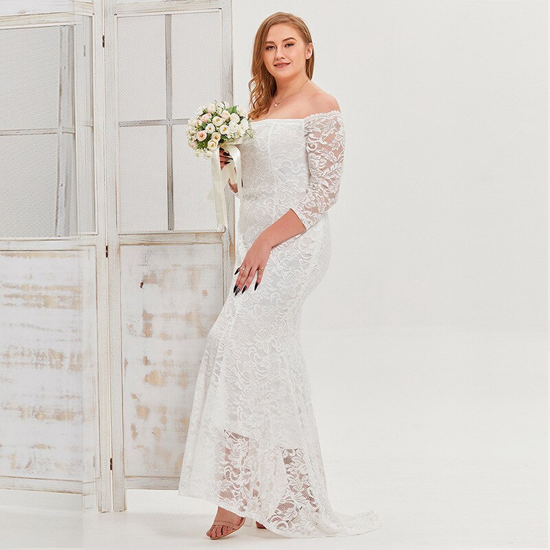 LAMYA White Simple Prom Dresses Plus Size A-line Lace Floor Length Evening Party Gown Groom Mother Long Sleeve Dress