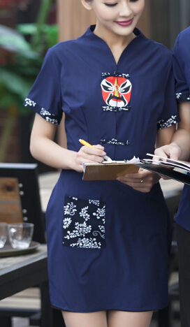 Lato krótki rękaw hotelowa restauracja odzież robocza Beijing Opera maseczki do twarzy drukowanie Chef kelner jednolite dla mężczyzn i kobiet: Navy Blue Women / L