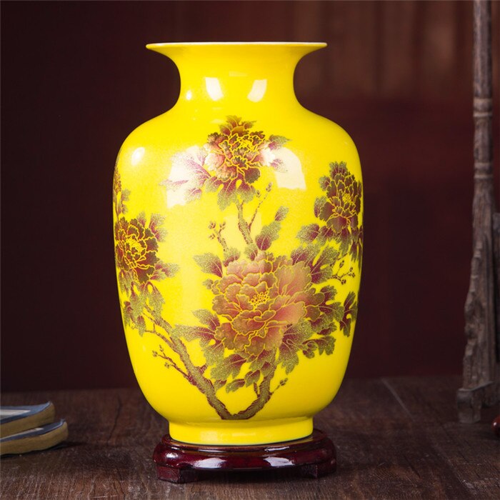 Chinese Style Vase Jingdezhen Yellow Crystal Glaze Flower Vase Home Decor Handmade Shining Famille Rose Vases: B