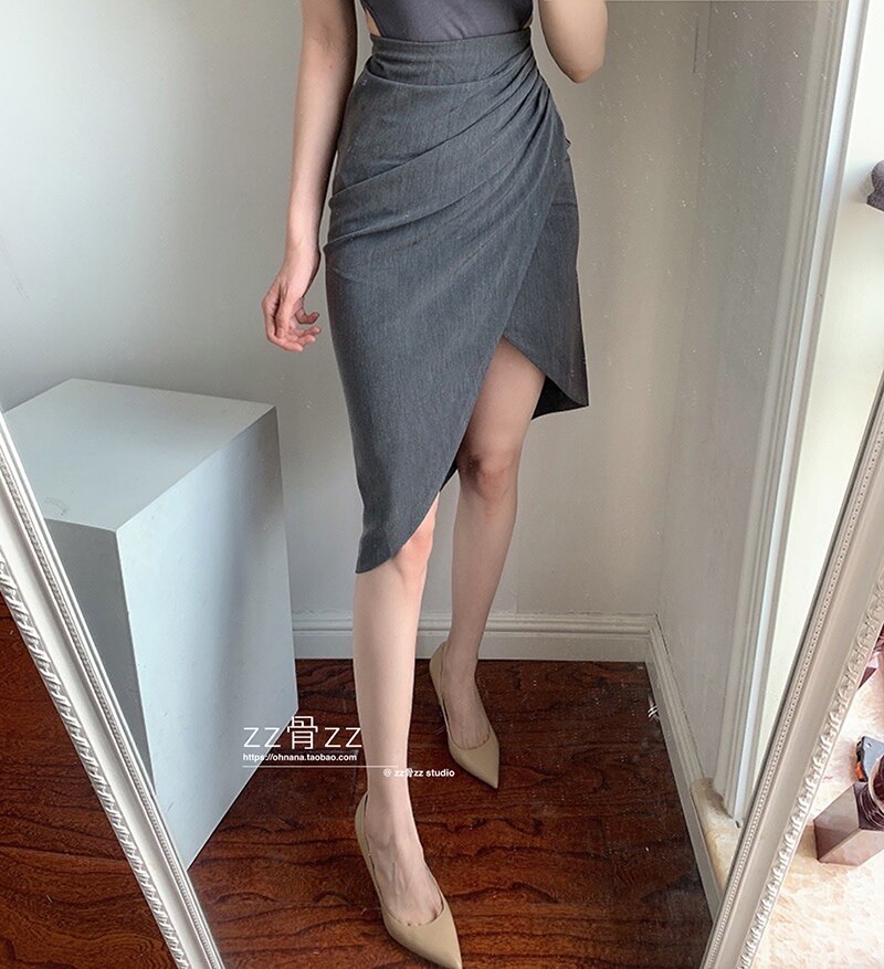 Jupe coréenne à volants asymétriques pour femme, tenue de bureau, gris, , Sexy, irrégulière, Kawaii, Harajuku, vêtements mignons Vintage YE7, printemps été: S