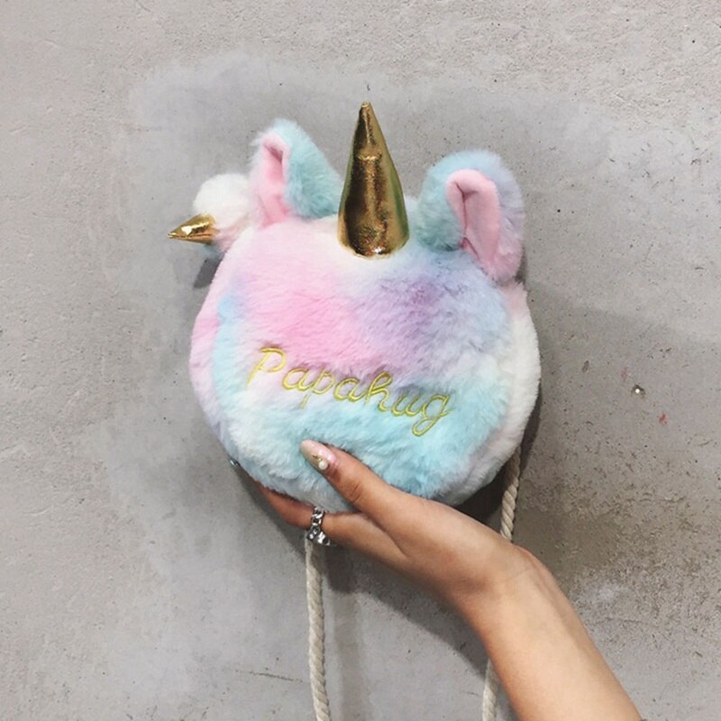 1 PC Bunte Unicon Pelz Tasche Frauen Winter Wolle Kleid Bankett Plüsch Kupplung Umhängetasche Bote Schulter Tasche Mädchen Tasche