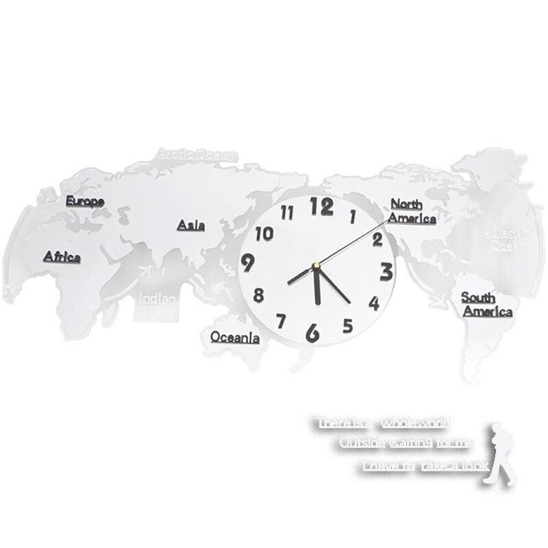 3D World Map Wall Clock Digital Modern Hanging Clock Quiet Acrylic Home Office: Silver