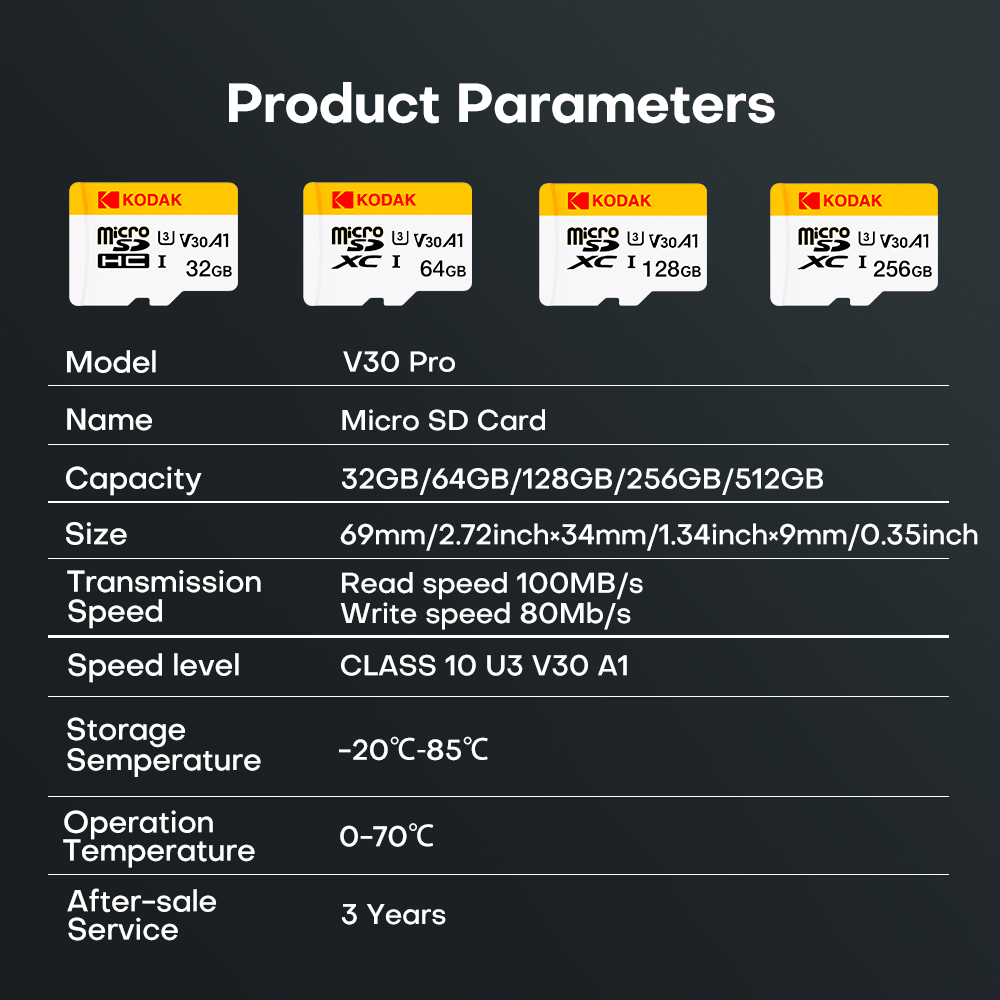 KODAK Mini Memory SD Card 256GB 128GB 64GB 32GB U3 V30 4K Full HD Micro TF Memory Flash Card do telefonu/komputera/kamery