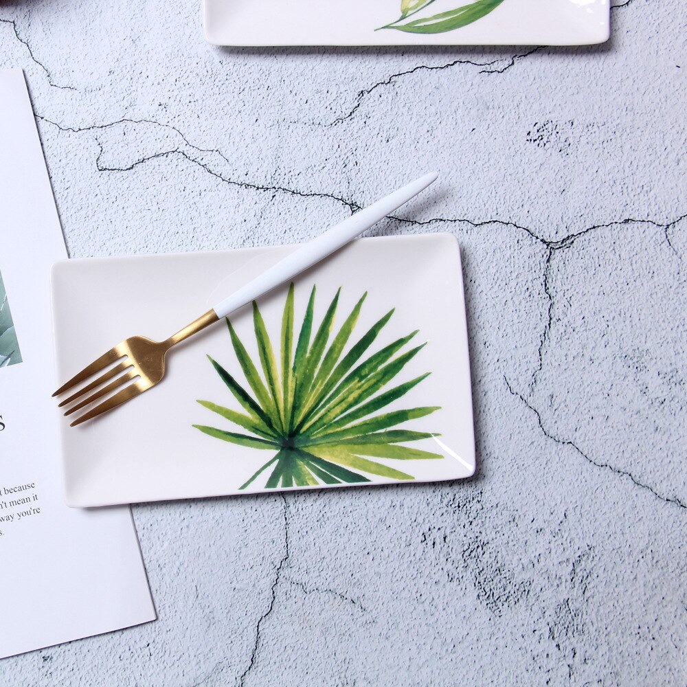 8 Inches Nordic Leaf Rectangle Ceramic Plate Green Plant Porcelain Dinner Plate Dessert Steak Sushi Tray Snack Dish Tableware
