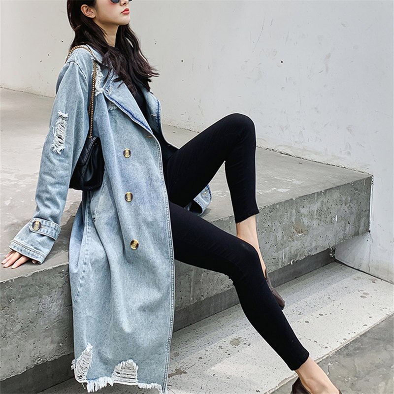Vintage Denim Trench Coat Women Classic Double Breasted Hole Long Windbreaker Female Spring Street Loose Denim Coat