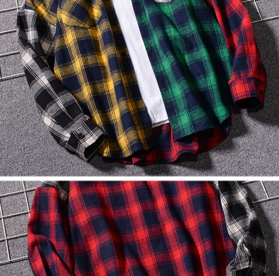 High Street Oversize Hip Pop Men Plaid Shirt Chic Long Sleeve Patchwork Checked Tops Turn Down Collar Pocket Plus Size Shirts