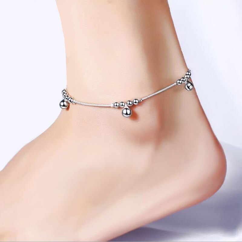 925 Silver Chain Anklets for Women Party Bead Bell Ankle Bracelet Foot Jewelry Girl Best