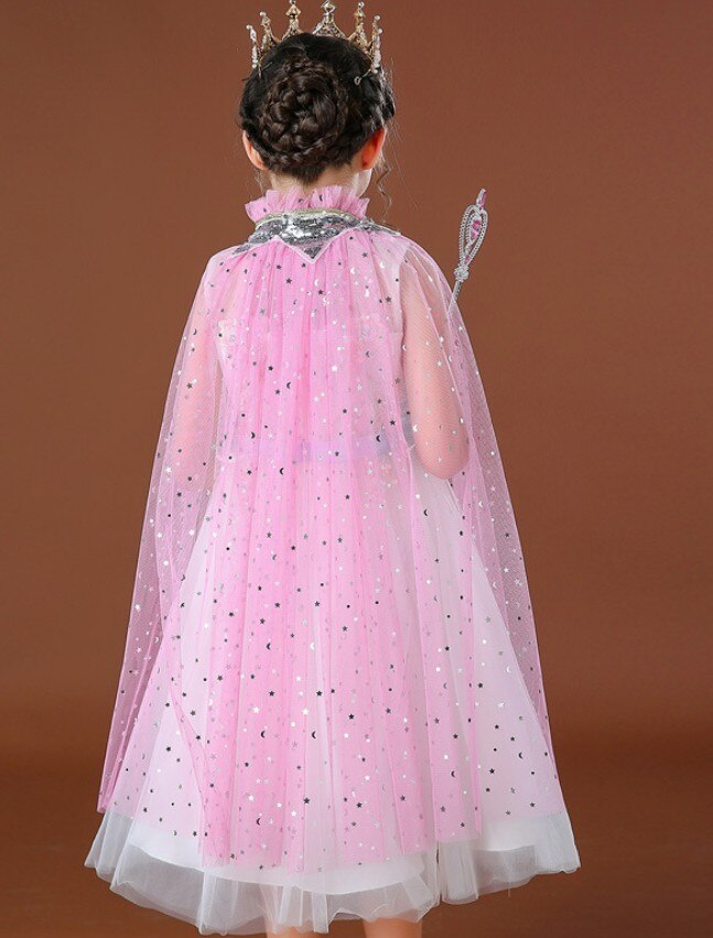 Girl’s Summer Gauze Double-Breasted Lace-Up Princess Cloak with Shinny Star Moon Patterns for Pantomime Play: Pink / M