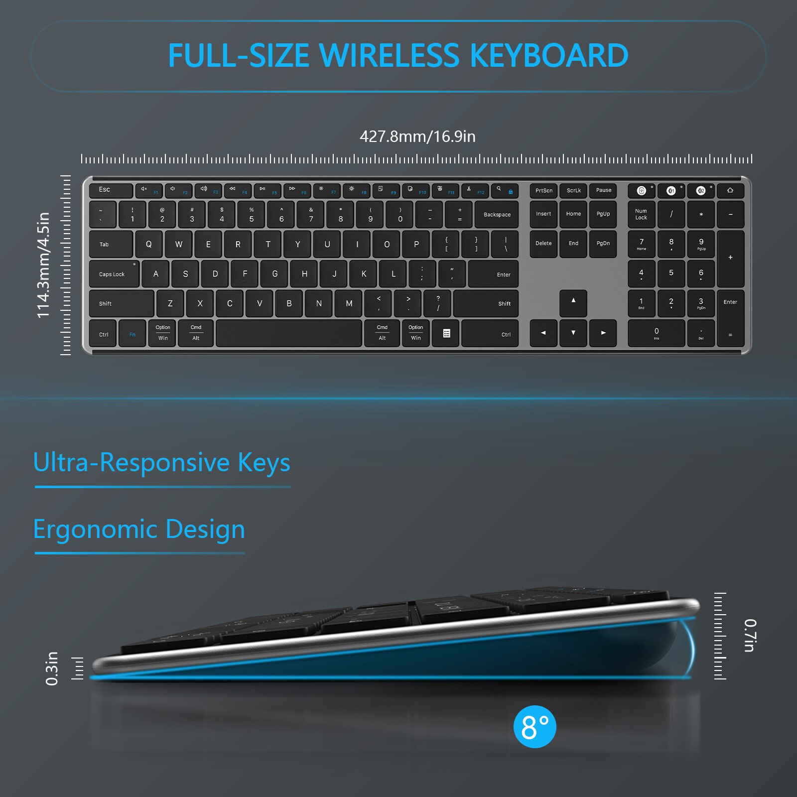 Multi Device Bluetooth Keyboard for Mac OS Windows Ultra Slim Rechargeable Wireless Keyboard for MacBook Pro Air iMac iPad PC