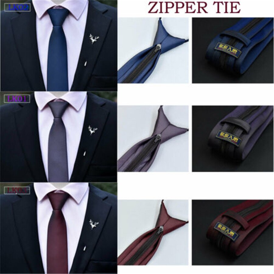 Newest Lazy Men's Zipper Necktie Solid Casual Popular Business Wedding Slim Zip Up Neck Tie