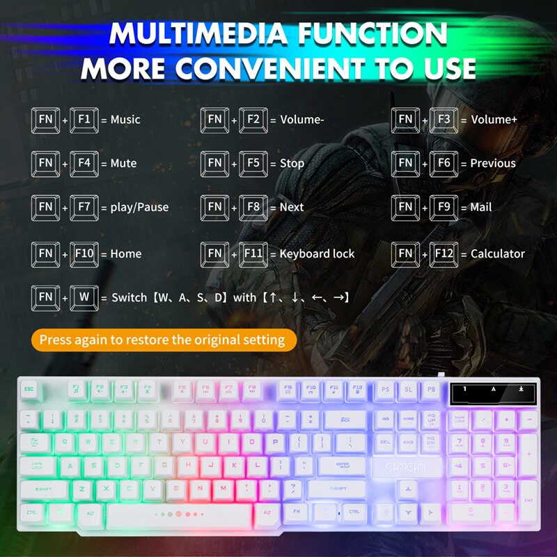 Gaming tangentbord och mus combo led andning bakgrundsbelyst usb trådad full key färgglad mus 3200 dpi mekanisk känsla