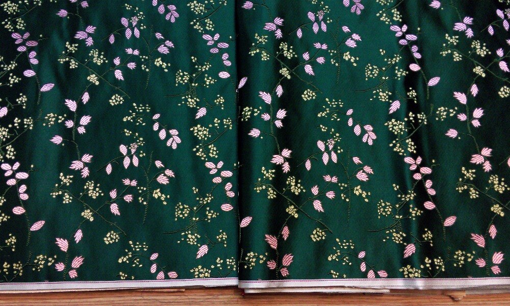 chinese silk brocade woven damask damask fabric cheongsam cushion dark green back with gold seeds and pink leaf pattern