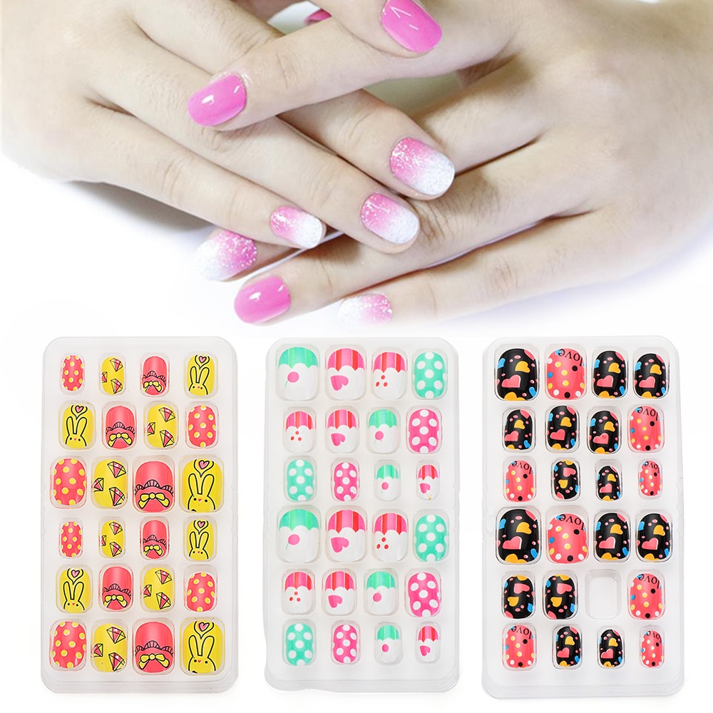24 pièces dessin animé auto-adhésif faux ongles presse sur ongles enfant couverture complète détachable réutilisable acrylique bâton sur faux ongles