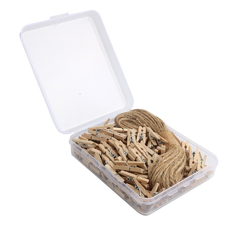 150Pcs 2.5CM Mini Natural Wooden Clothes Photo Paper Clothespin Craft Clips Portable Wood Clamp With 10Meter Jute Rope