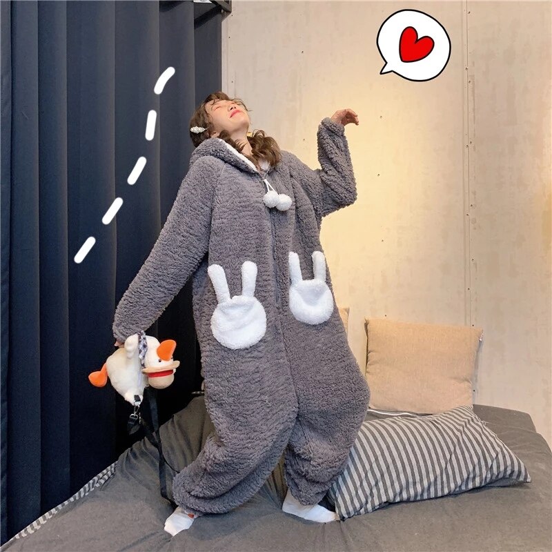 Cute Flannel Stitch Pajamas Winter Plus Velvet Warm Onesie Women&#39;s Sleepwear Unisex Rabbit Loose Thick Plush Hooded Homewear