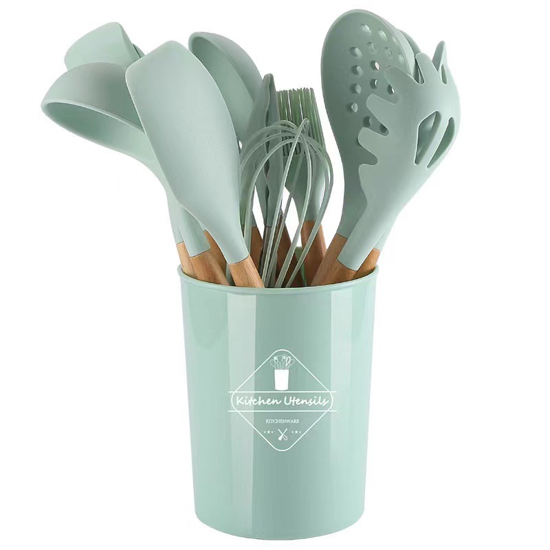 12Pcs Silicone Kitchen Utensils Cooking Wooden Handle Non Stick Pot Kitchenware Set Storage Bucket Silicone Kitchen Utensils: light green