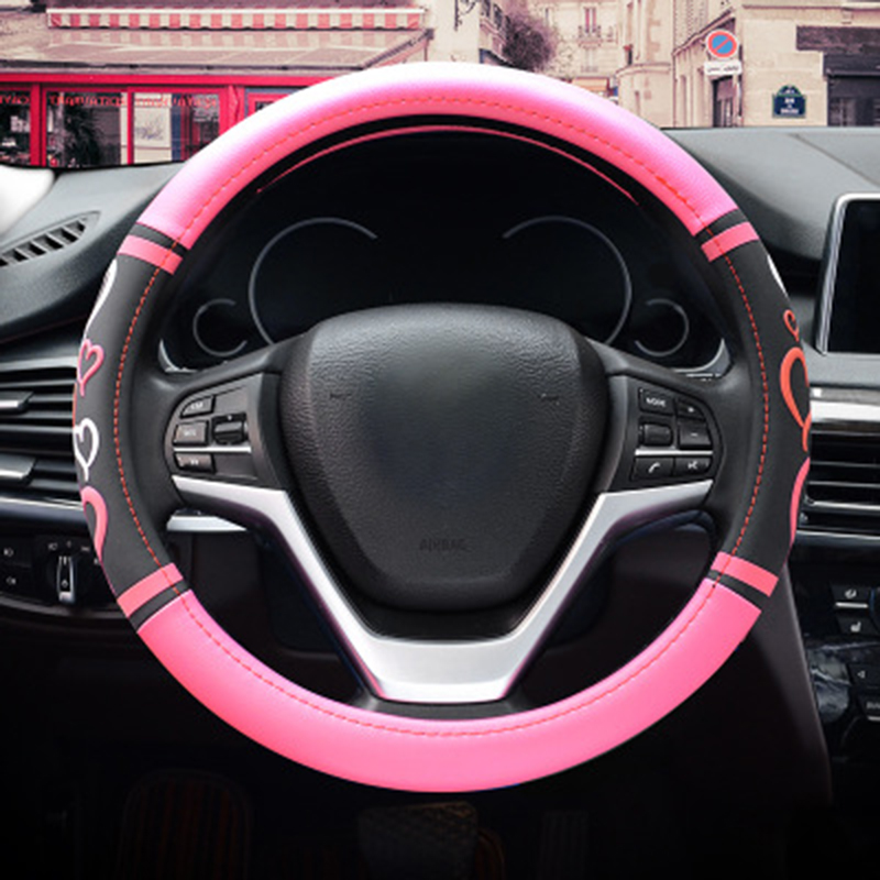 Cartoon Heart Steering Wheel Covers Microfeiber Leather Car Accessories For Girls Black Pink Cute Steering-Wheel Handle Cases