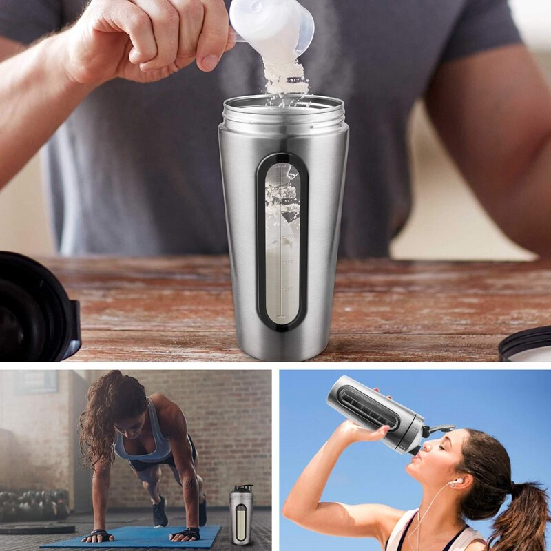 Protein Shaker Bottle, Stainless Steel Sports Water Bottle Shaker Cup, Leak Proof, BPA Free