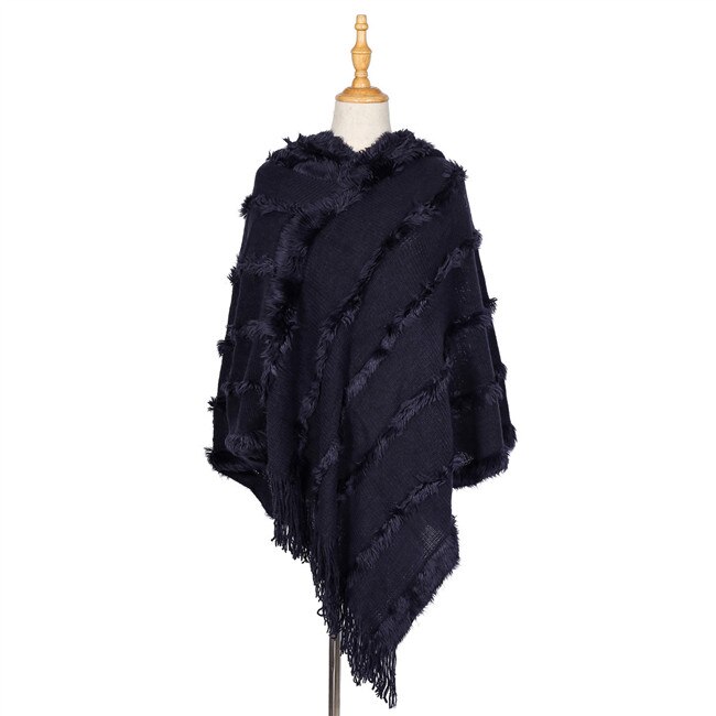 Höststickad poncho dam päls huva ponchos och kepsar vinter utomhuskläder filt kappa femme fleecetröja cardigan plus size: Marinblå